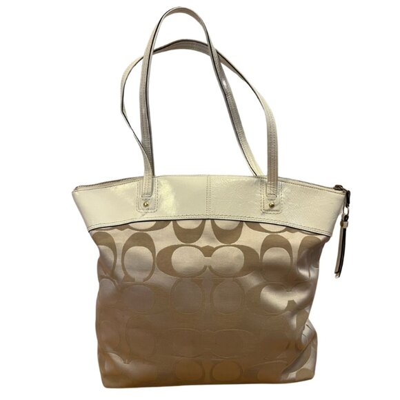 COACH Signature Laura Cream & Beige Large Shopper Tote - Picture 5 of 12